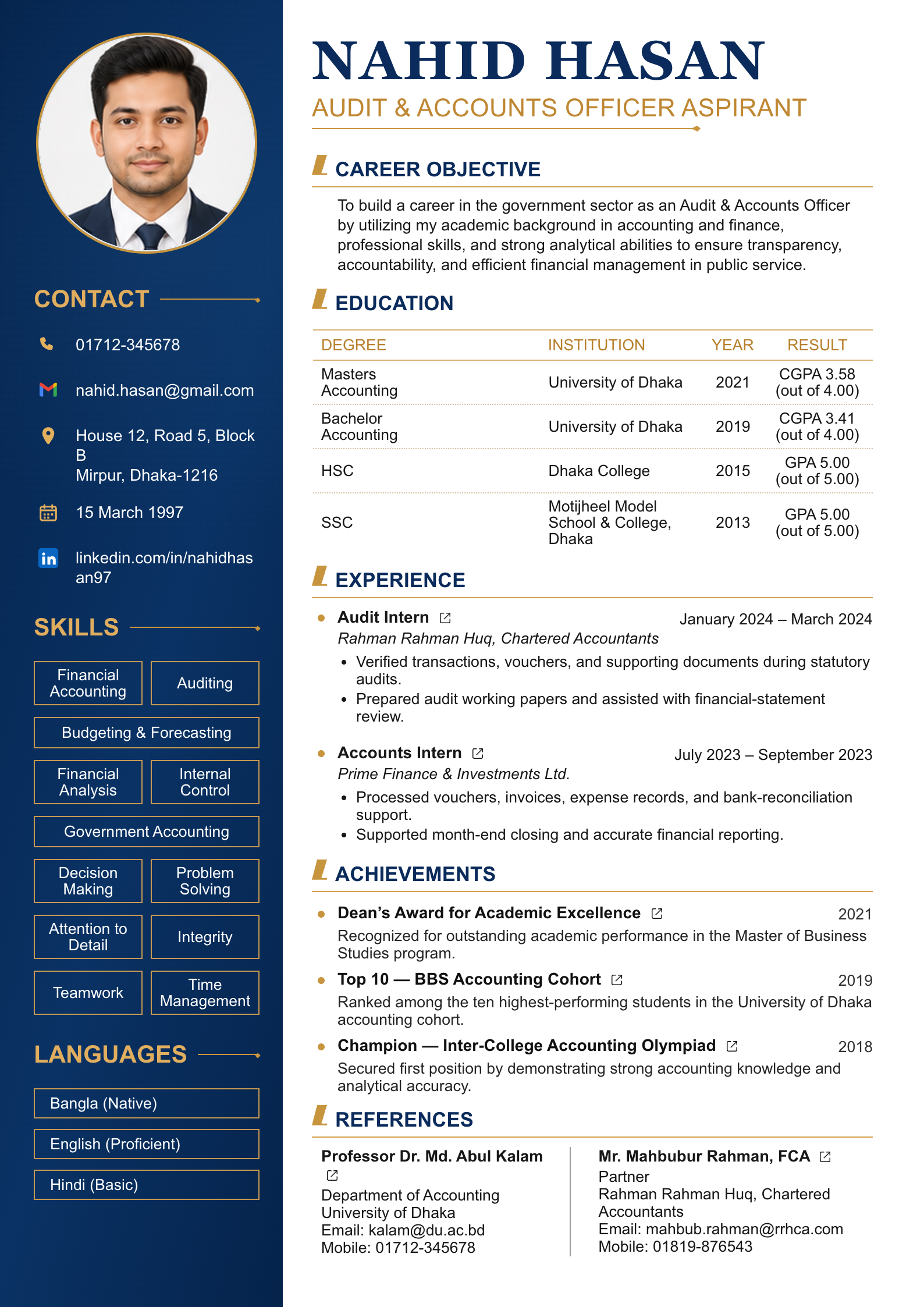 Government Audit & Accounts CV template preview