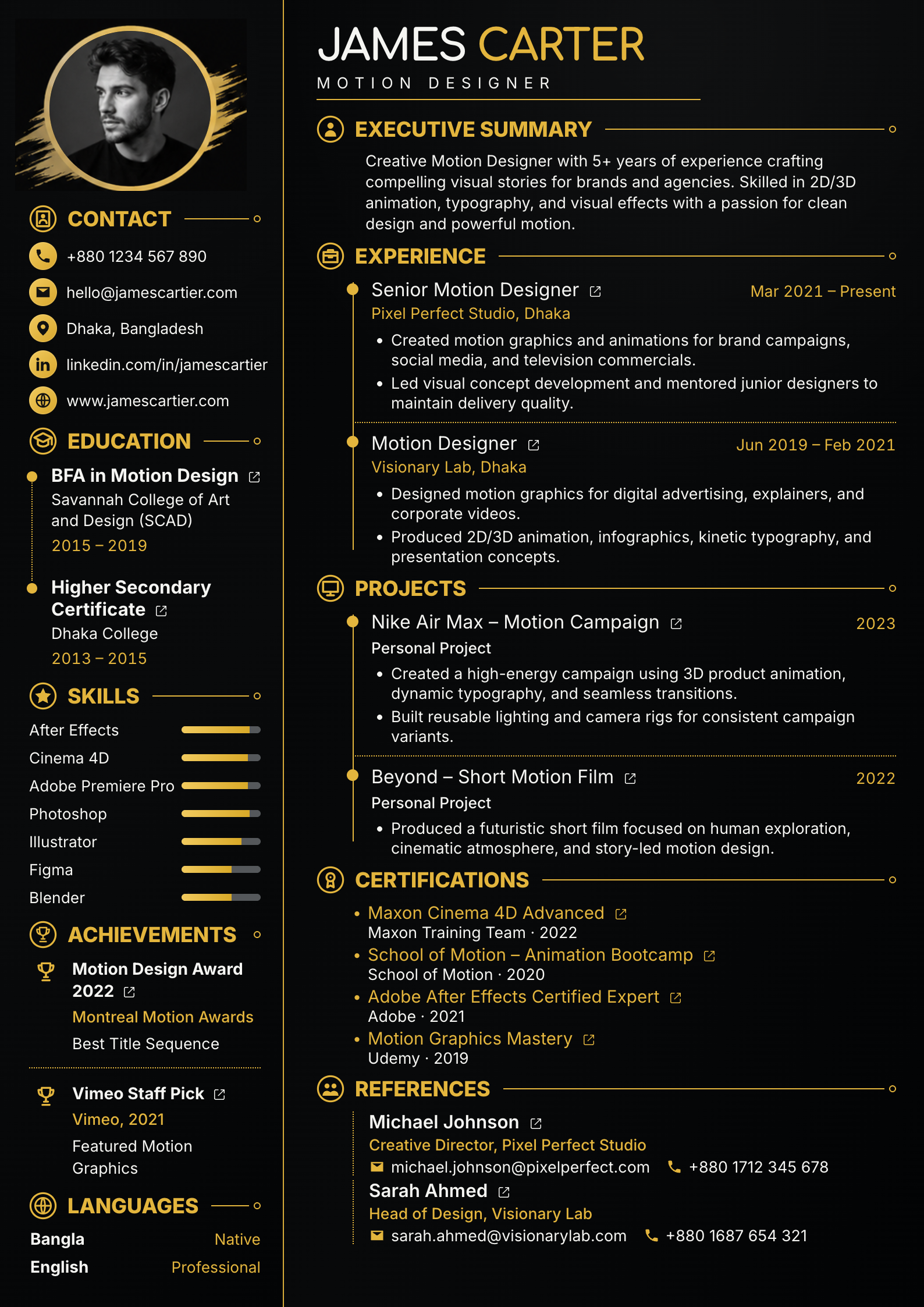 Black Gold Motion Designer CV template preview
