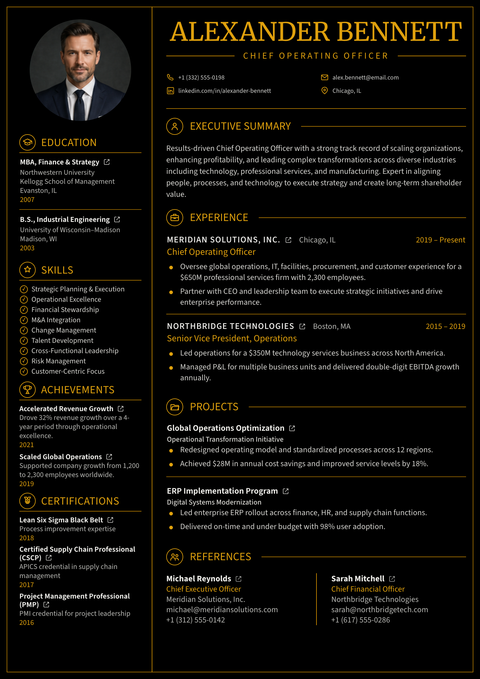 Dark COO Executive CV template preview